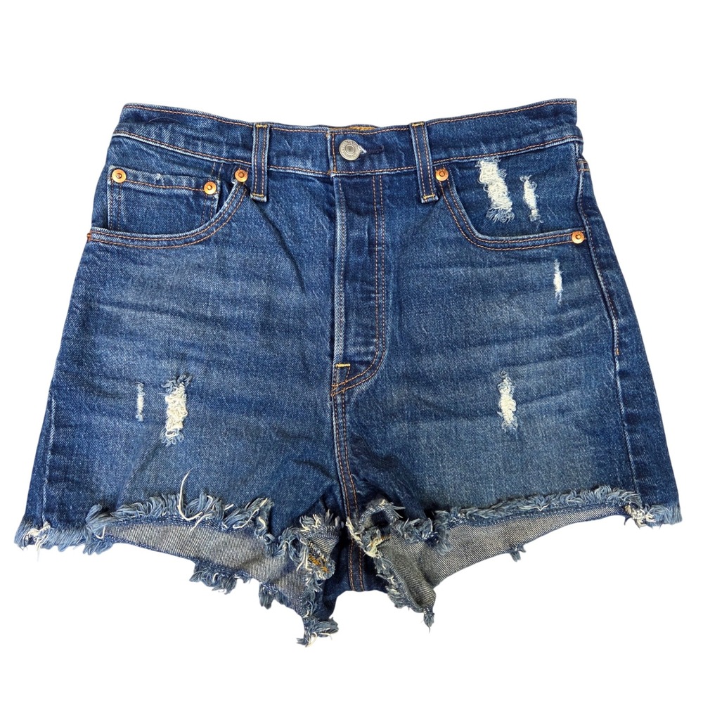 Levis Premium Ribcage Distressed Denim Shorts Dark Wash Blue 77879-0012 Size 28